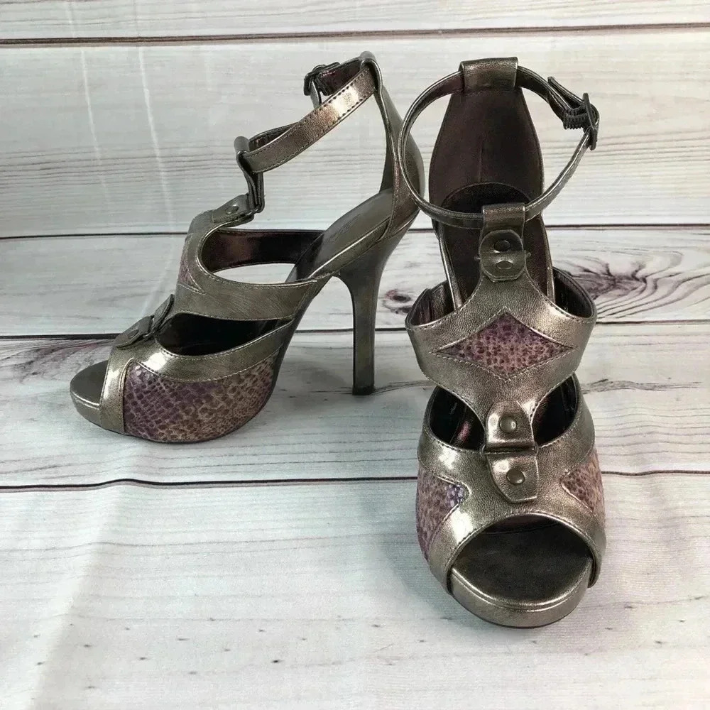 Delicious Brass Metallic Heels Opn Toe Ankle Strap